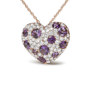 18K Rose Gold 3/4 Carat Diamond & Purple Amethyst Cluster Heart Pendant Necklace